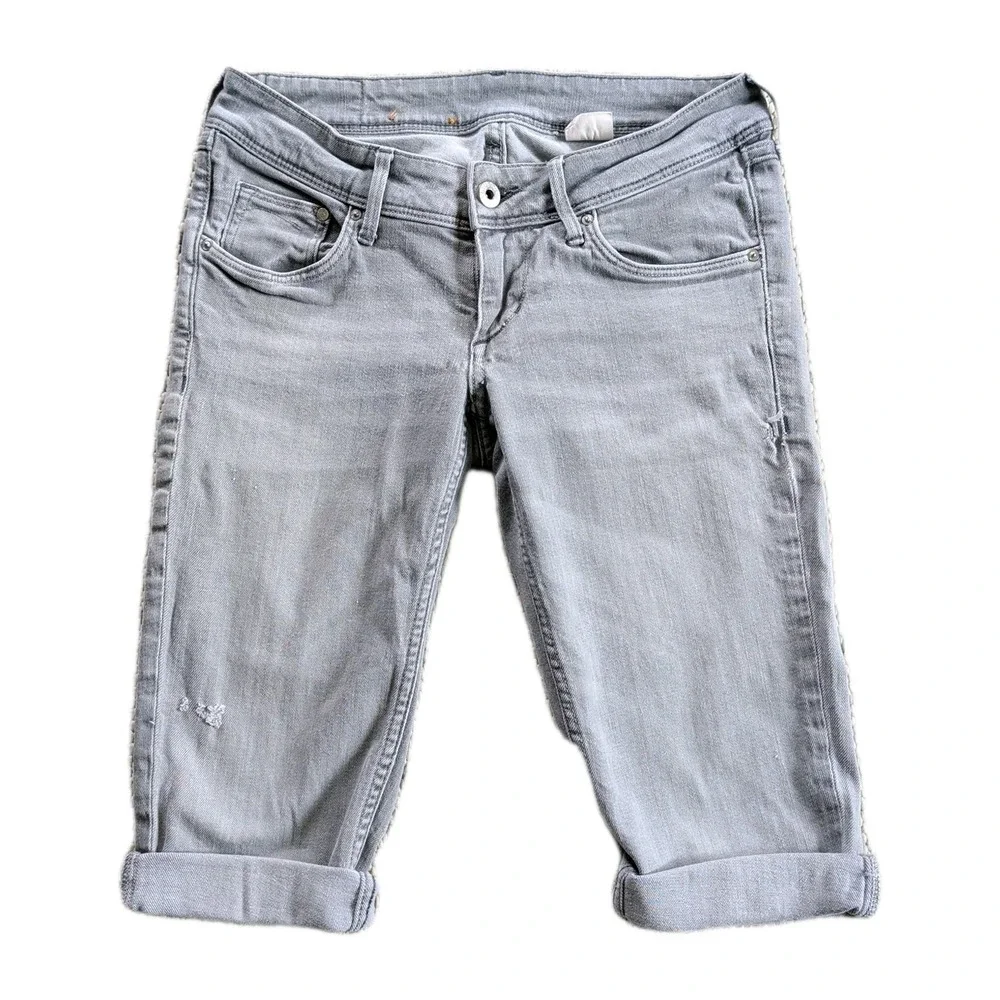 &Denim Skinny Cutoff Jorts Gray Distressed Long Shorts Y2K‎ Grunge Punk